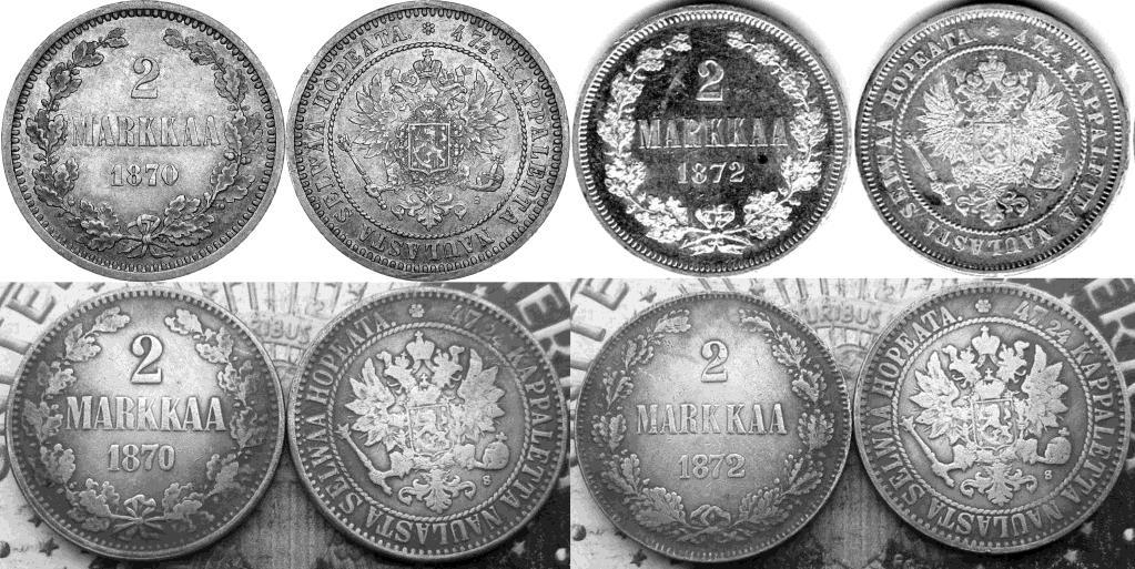 2 markkaa 1865 ja 1866, aidot ylempänä, tekeleet alinna.