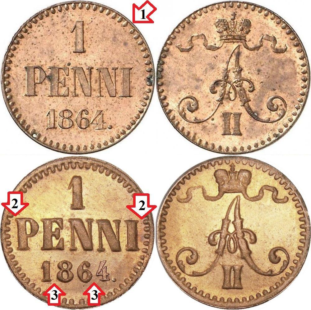 1 pennin kupariraha (aidon paino 1,28g ja halkaisija 15mm) 1 pennin kuparirahojen kopioiden pahin esimerkki on luonnollisesti vuoden 1864 raha, joka harvinaisuutensa takia on hyvin harvoin tarjolla