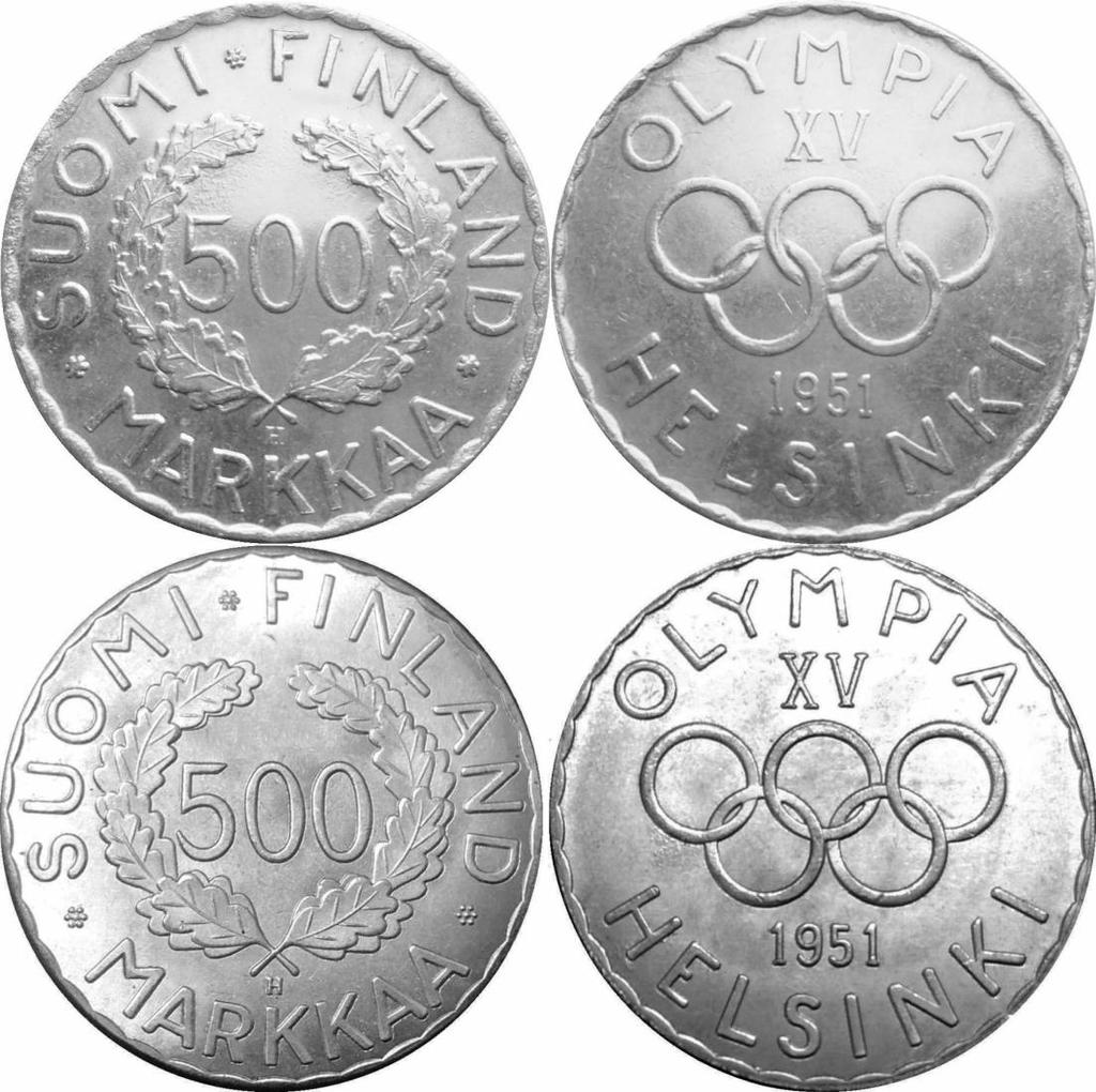 500 markkaa 1951 Ag (aito 12g ja halkaisija 32mm, hopeapitoisuus 500/1000) 500 markan olympiaraha vuodelta 1951 on kuulunut jo jonkin aikaa myös kiinalaisten repertuaariin.