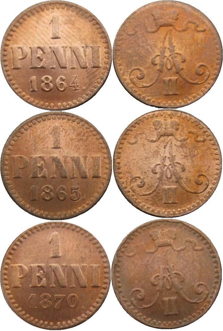 Kuva 2. Vertailua 1 pennin Kiinan kopioista 1864, 1865, 1870. Selkeästi huomaa, että kopioijat ovat hyödyntäneet samaa meistipohjaa vain muuttaen vuosiluvun loppunumeroa.