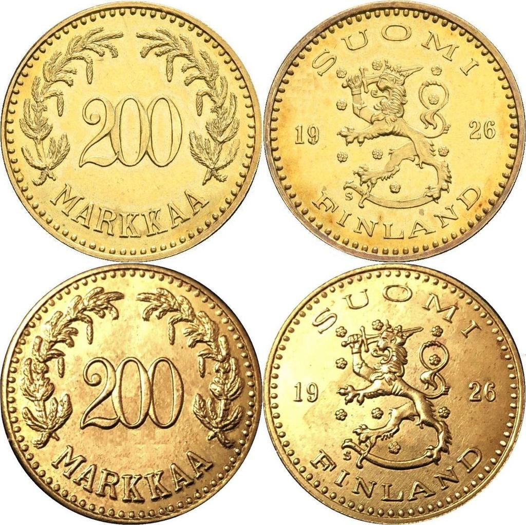 200mk 1926 Au (aidon paino 8,42 ja halkaisija 22,5mm, kultapitoisuus 900/1000) Kuva 9. Aito ja väärä 200 markan kultaraha vuodelta 1926. Ylinnä aito raha, alinna tekele.