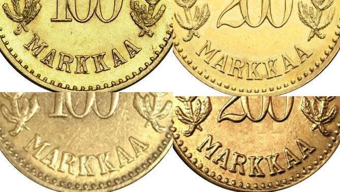 Kuva 10. Aidon ja väärän vuoden 1926 100 markan ja 200 markan kultarahojen arvopuolten yksityiskohtien vertailua. Ylinnä yksityiskohtia aidoista rahasta, alinna tekeleistä.