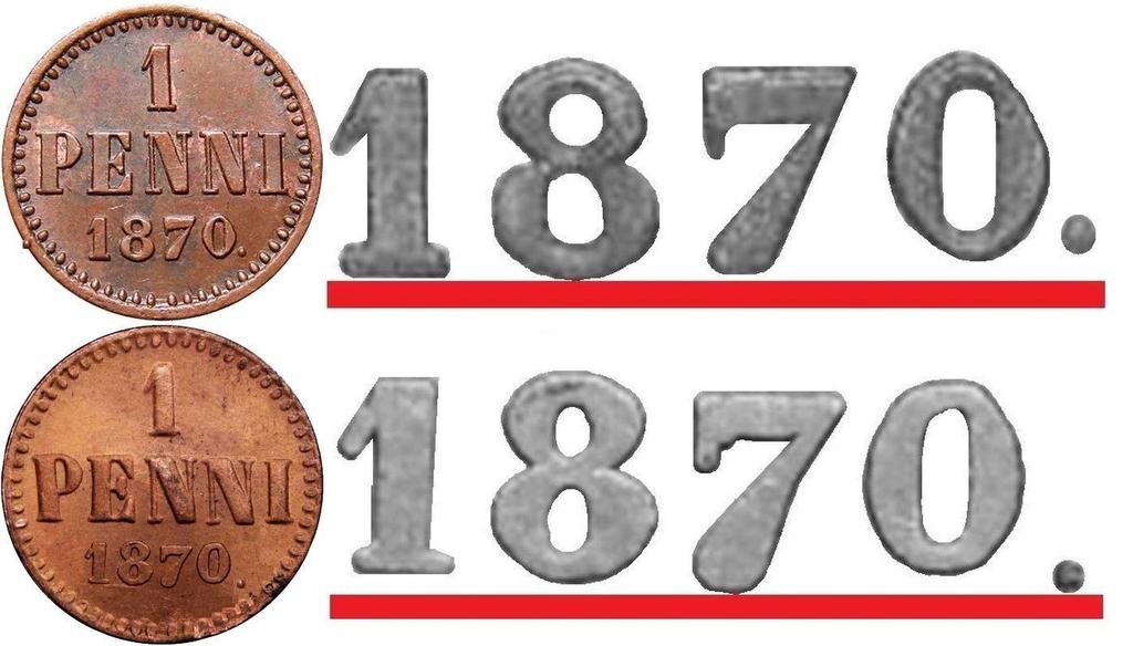 Kuva 3. Vuoden 1870 1 pennin kupariraha. Aito raha ylempänä, kopio alempana. Vuosien 1882 ja 1884 väärennökset 1 pennin rahoista ovat muutoin kuin vuosilukujensa osalta täysin identtisiä.