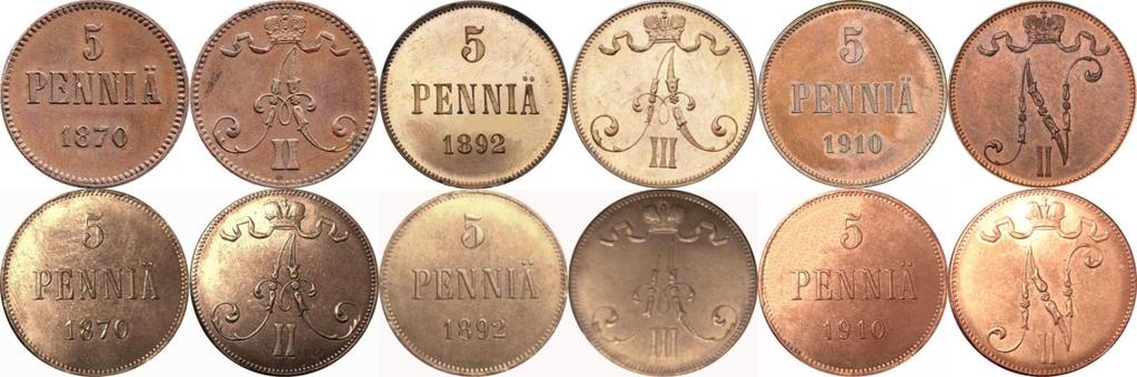 5 pennin kuparirahat (aidon paino 6,4g ja halkaisija 25mm) Ikävänä uutuutena on markkinoille tullut viime aikoina myös vuosien 1870, 1892 ja 1910 5 pennin rahojen kiinalaisia kopioita.