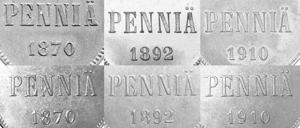 Kuva 8. Aitojen ja väärien 5 pennin rahojen 1870, 1892 ja 1910 arvopuolten tekstien ja vuosilukujen vertailua.