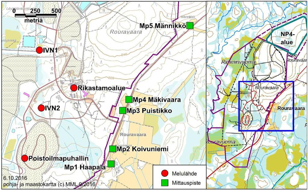 ENV 4.10.2018 14(17) Kuva 0-2. Ympäristömelumittauspisteiden (vihreät) sekä merkittävimpien melulähteiden (punaisella) sijainti kaivosalueella.