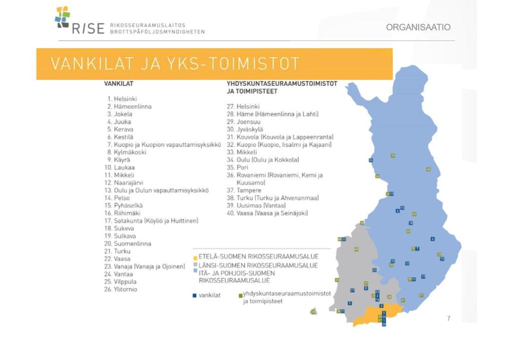 11 Kuvio 3. Rikosseuraamuslaitos. Vankilat ja yhdyskuntaseuraamustoimistot. (Rikosseuraamuslaitoksen ulkoinen esittely 2017, 7.