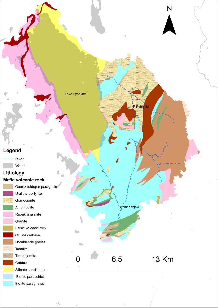 10 Figure 2. The bedrock of the study area and the two input rivers of the catchment.