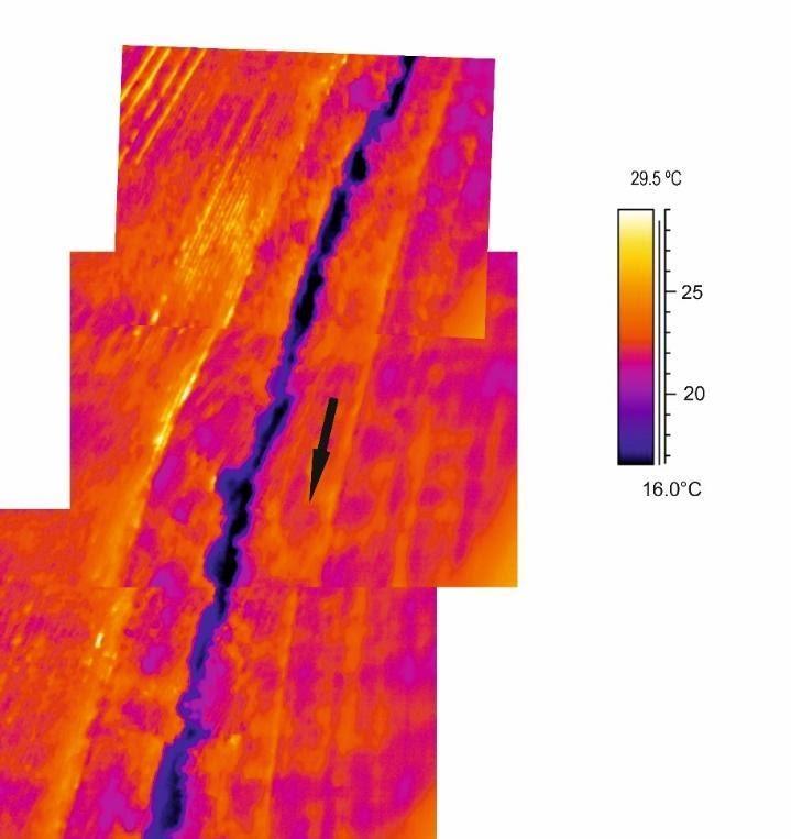 Some of the cold water temperature anomalies can be a cause to the rapid or rocks that emit and reflect lower temperatures compared to the surrounding. Scale.