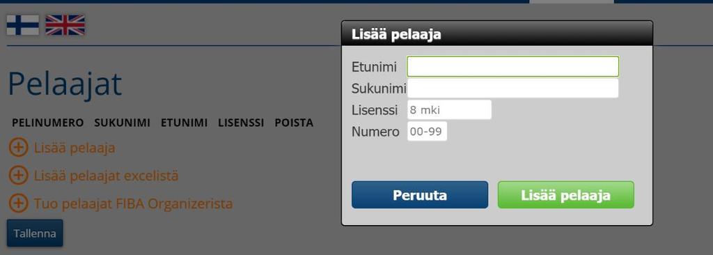 +Lisää pelaaja Lisää käsin jokainen pelaaja kerrallaan (tämä käytössä alueen ja valtakunnan sarjoissa) +Lisää pelaajat excelistä Pelaajat voi kirjoittaa mallin mukaisesti exceliin, kopioida excelistä