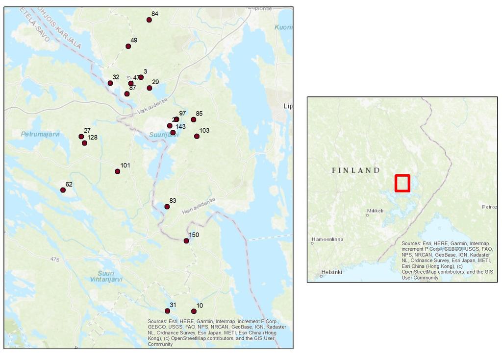 13 2 AINEISTO JA MENETELMÄT 2.1 Aineisto Maastokoealat ovat 30 x 30 metriä ja näitä on mitattu yhteensä 20. Koealat sijoittuvat Liperin, Heinäveden ja Savonrannan alueille (kuva 1).