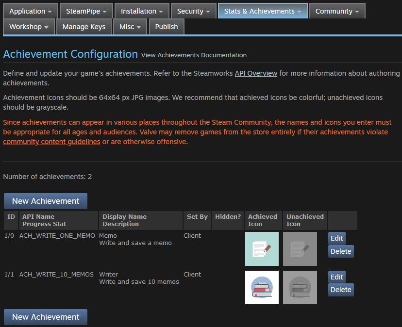 ne määritellä Steamworksin Achievements-sivulla (Kuvio 37).