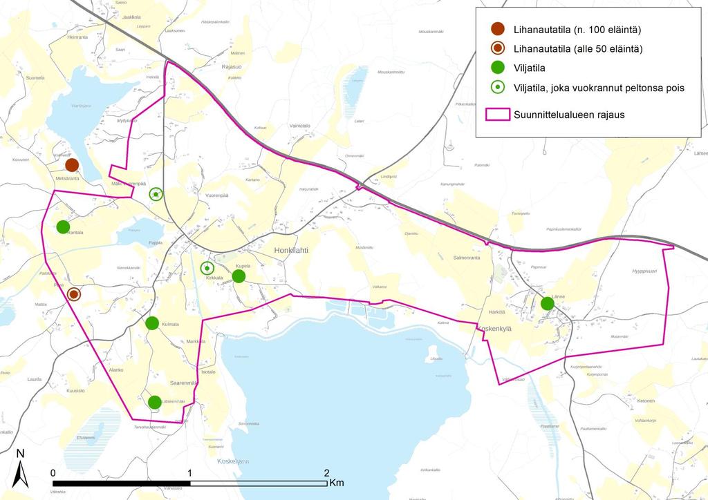 Maatilat suunnittelualueella Suunnittelualueella on yhteensä kuusi toiminnassa olevaa maatilaa ja lisäksi yksi sijaitsee n. 200 metrin päässä suunnittelualueen rajasta.