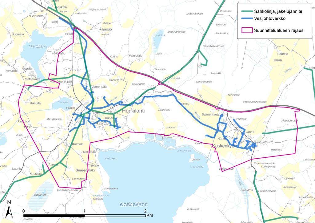 Suunnittelualueen kunnallistekniikka Vesijohtoverkosto löytyy sekä Honkilahden Kirkonkylän, että Koskenkylän asutuskeskittymissä.