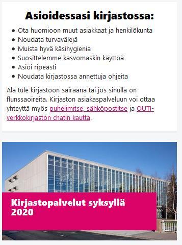 Kirjastopalvelut syksyllä 2020 Kirjaston johtoryhmä määritteli syksyn aikana valmiiksi toiminnot: Perusvaihe Kiihtymisvaihe Leviämisvaihe Jatkuva yhteistyö Oulun kaupungin toimijoiden, oman AVI:n,