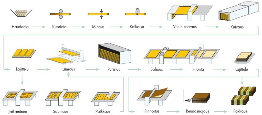 laitteiden teknisyyden ja suuren automatisointitason vuoksi vikaantumisille alttiimpia kuin sitä ennen olevat laitteet. (Jääskeläinen 2019.) 17 Kuvio 3. Vanerin tuotantoprosessi (UPM Plywood 2019) 5.