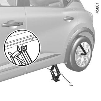 RENKAAN VAIHTAMINEN (1/2) 3 4 1 Tunkilla ja pyöränavaimella varustetut autot Irrota koristekapseli tarvittaessa. Löysää pyöränpultteja pyöränmutteriavaimella 1.