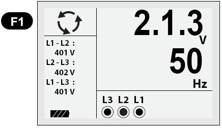 Kun L1, L2, L3 on liitetty oikein, tulee 1.2.3 ja symboli näyttöön, kuten esitetty kuvassa 6.2.1.5. Jos liitäntöjä ei ole tehty oikein, vaihtuu 1.2.3 ja symboli tilaan 2.1.3 ja kuten esitetty alapuolella.