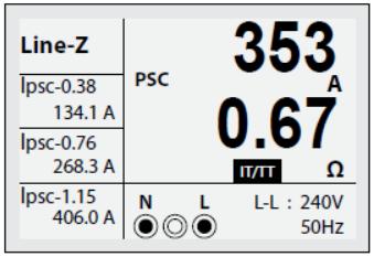 Kun mittaus on valmis, vaihe-vaihe ja PSC (odotettu oikosulkuvirta) väliset impedanssiarvot tulevat näyttöön.