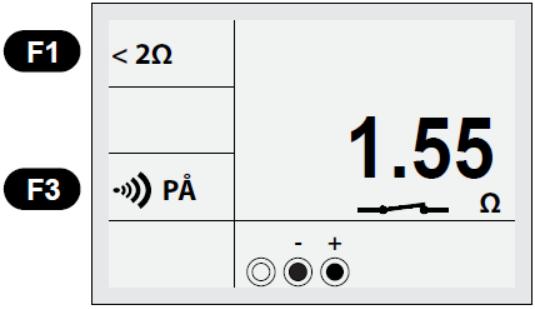 6.2.4.2 Läpikulkutestin/summerin käyttö (R-OHM) Kuva 6.2.4.2. Läpikulkujen mittaus - Valmiustilanäyttö Kuva 6.2.4.3 Jatkuvuuden mittausnäyttö 1. Aseta toimintovalitsin LÄPIKULKU/Summeri -asentoon. 2.