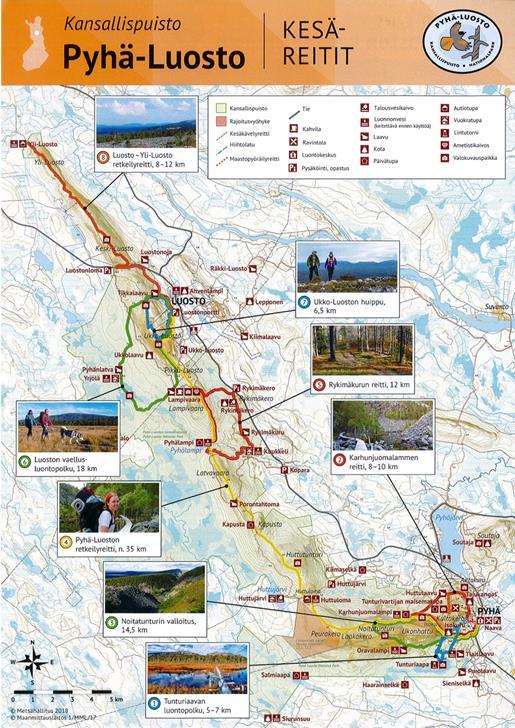 12 Kuvio 2. Pyhä-Luoston kansallispuiston nykyiset kesäreitit. (Metsähallitus 2019a) Vaikka maantie on suhteellisen lähellä, ei reitille meneminen ja siltä poistuminen onnistu helposti mistä vain.