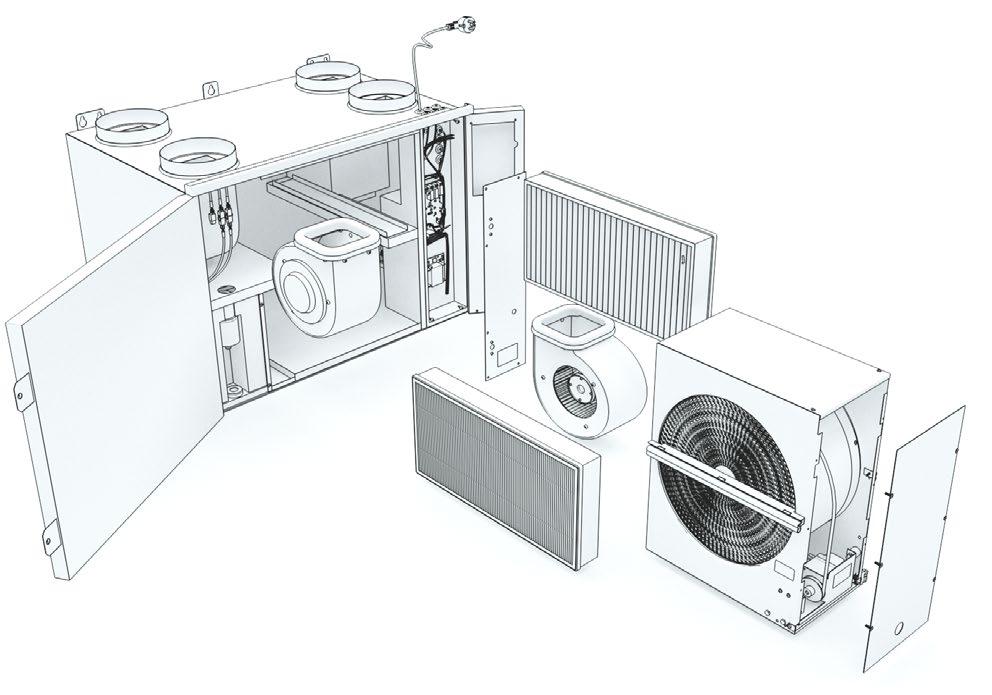 TECHNICAL SPECIFICATIONS OF THE UNIT Right-handed connection cable with plug inlets for external sensors motherboard type plate extract filter heat exchanger extract fan inlet