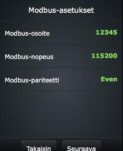 Modbus- ja eair web -asetukset 18 Modbus-osoite 1 Kaikilla Modbus-väylään kytketyillä laitteilla on oltava yksilöllinen tunniste.