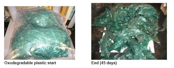 muovia kompostoidessa. Kuvasta voidaan päätellä, ettei oxo-hajoava muovi kompostoitunut lainkaan 45 päivän aikana. [1][3] Kuva 8. Oxo-hajoava muovi ennen ja jälkeen 45 päivän kompostoinnin.