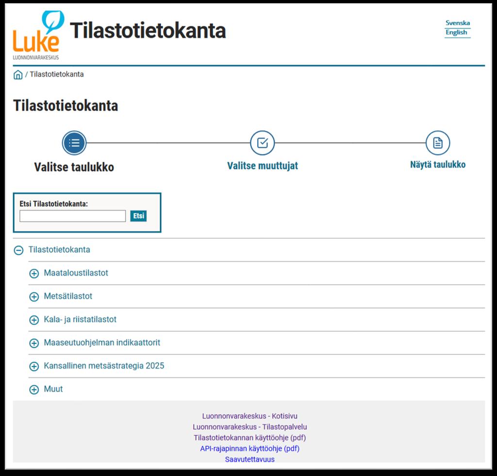 15.6.2021 Tilastotietokannan käyttöohje Luonnonvarakeskuksen PX-Web tilastotietokanta on osoitteessa: http://statdb.luke.fi/pxweb/pxweb/fi/luke/ 1.