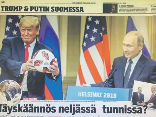 Kuva 4: Putinin jalkapallodiplomatiaa Helsingin huippukokouksessa. IS 17.7.2018. Leppänen antaa ymmärtää, että Putin laskelmoi.