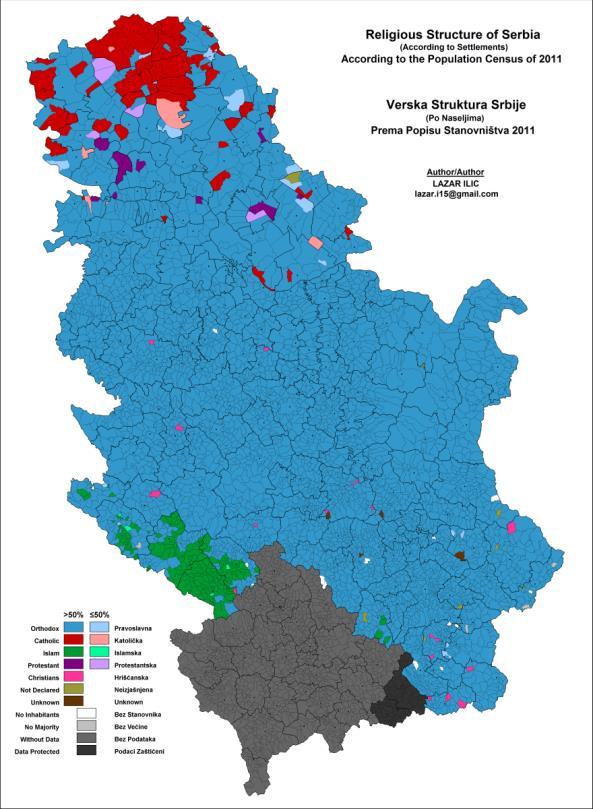55 5.3 Vatikaani ja muut katoliset Jugoslavian alueella Kuva 6: Serbian uskonnollinen kenttä sinisellä värjätyt maakunnat ovat pääosin ortodoksisia, vihreällä islaminuskoisia ja punaisella katolisia.