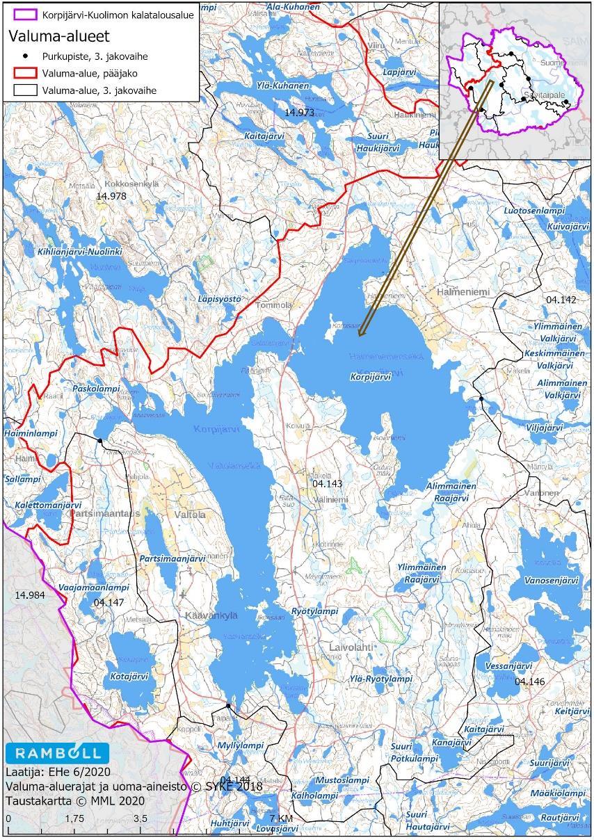 Kuva 11-1. Korpijärven valuma-alue 04.143. Taulukko 11-1. Keskeiset järvet Korpijärven valuma-alueella 04.143. * = vesimuodostuman ekologinen tila on riskissä heikentyä.