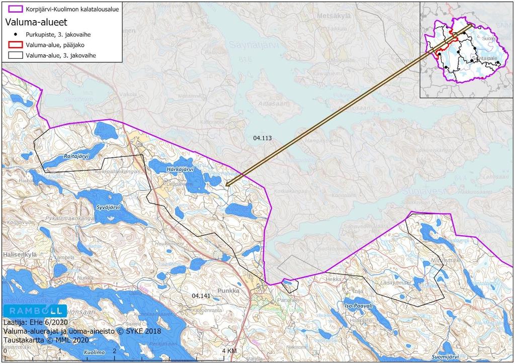 Kuva 14-1. Myllyjoen valuma-alueen (04.113) kalatalousalueen toimialueeseen kuuluvat osat. 14.2 Vesienhoidon tarpeet ja esitetyt kunnostustoimenpiteet Alueelle ei tunnistettu suunnittelutyön yhteydessä vesiensuojeluun liittyviä tarpeita.