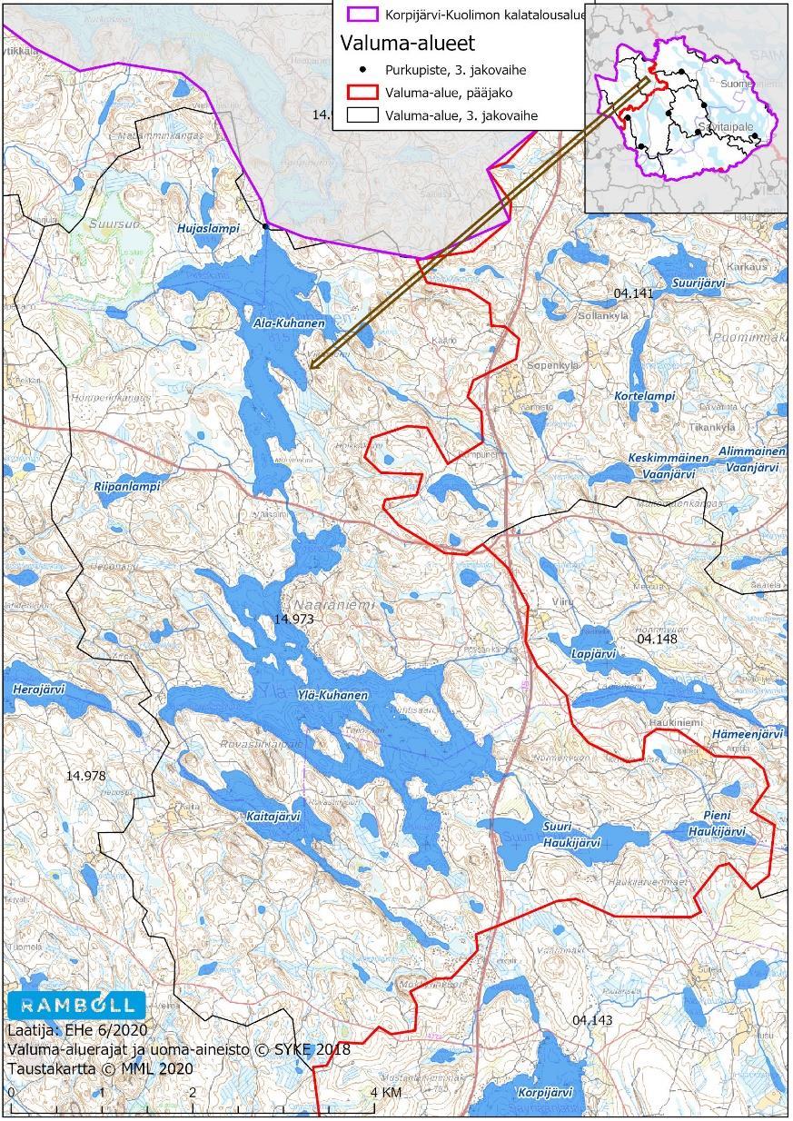 Kuva 16-1. Ala-Kuhasen valuma-alue (14.973) Alueen suurimmat järvet ovat Ylä-Kuhanen (318 ha), Ala-Kuhanen (176 ha), Kaitajärvi (58 ha) ja Suuri Haukijärvi (51 ha).