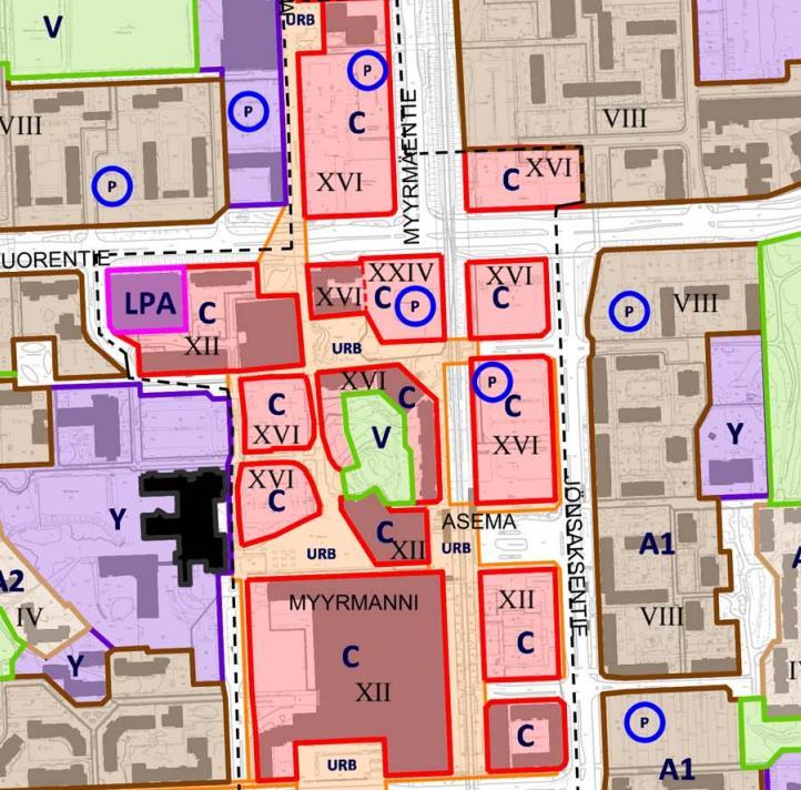 Myyrmäen kaavarungossa alue on keskustatoimintojen aluetta (punainen C), urbaanin sykkeen aluetta (oranssi URB ) sekä katualuetta. Kortteleihin on osoitettu keskitettyä pysäköintiä (p).