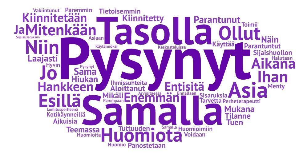 Lisäksi biologisia ja adoptoituja lapsia huomioidaan tukikäynneillä ja keskusteluissa. Kuva 39. Sanapilvi: Esimerkkejä, miten huomioidaan tukitoimissa.