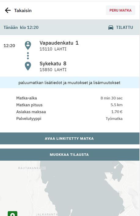 5 Matkat -valikko Sivu 12 / 16 Valitsemalla sovelluksen alareunasta MATKAT -valikon voit tarkastella tulevia ja menneitä matkojasi Voit tehdä niihin muutoksia, perua matkoja sekä antaa palautetta