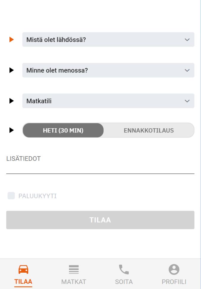 Sivu 7 / 16 4 Tilaa -valikko taksin tilaaminen sovelluksella Puhelimen alareunassa näkyy neljä toimintavaihtoehtoa, valitse niistä Tilaa napauttamalla kuvaketta Oheisen