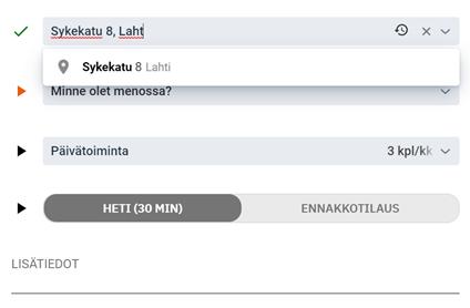 esimerkiksi kotiosoite ja viimeksi käytettyjä osoitteita Jos kirjoitat osoitteen, sovellus alkaa ehdottaa sopivia osoitteita listaan Valitse annetusta listasta (osoitettu