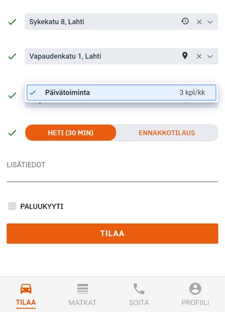 43 Matkatili Sivu 8 / 16 Valitse annetusta listasta matkaasi sopiva matkatili, esimerkiksi Päivätoiminta- tili, kuten kuvassa Valikko näyttää vain ne matkatyypit, jotka kullekin asiakkaalle on