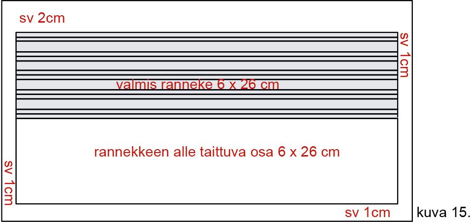 Ranneke Taittuu tästä Valmis ranneke on suorakaide, jonka leveys on tavallisesti 6 cm (5 cm 6 cm) ja pituus 26 cm (24 cm -27 cm).