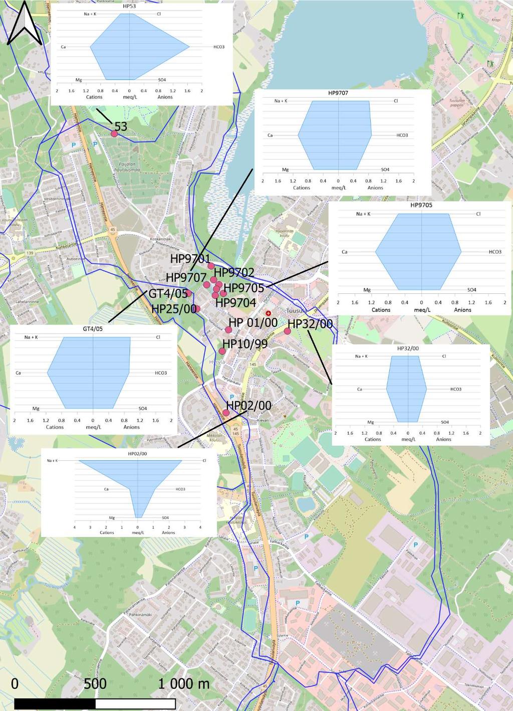 65 Kuva 26. Grapher ohjelmalla näytteistä tehdyt Stiff-diagrammit vietynä kartalle.