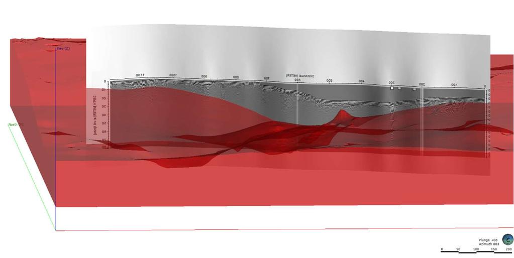 68 Kuva 28. Maatutkalinjaa (linja 0011) verrattiin valmiiseen kallionpintaan Leapfrog Geo 3Dmallinnusohjelmassa. 6.2.2. 3D-mallin poikkileikkaukset 3D-rakennemallista otettiin poikkileikkauskuvia alueen geologisen rakenteen tulkitsemisen ja tulosten tarkastelun avuksi.