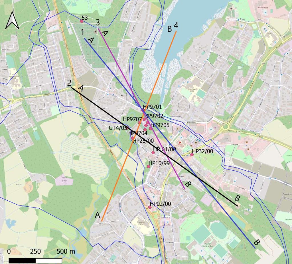 69 Kuva 29. Poikkileikkaukset kartalla. Poikkileikkauslinjat on numeroitu 1-4 ja ne on merkitty eri värein. Kartalla on myös havaintoputkien sijainnit vaaleanpunaisilla palloilla.