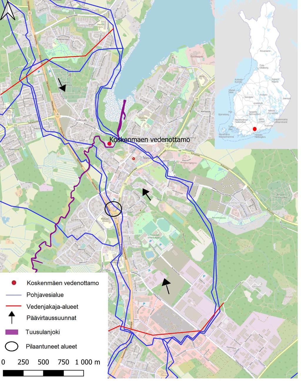 11 Kuva 1. Hyrylän pohjavesialue ja päävirtaussuunnat. Pohjavesialueita jakavat kalliokynnykset ovat merkitty punaisella viivalla.