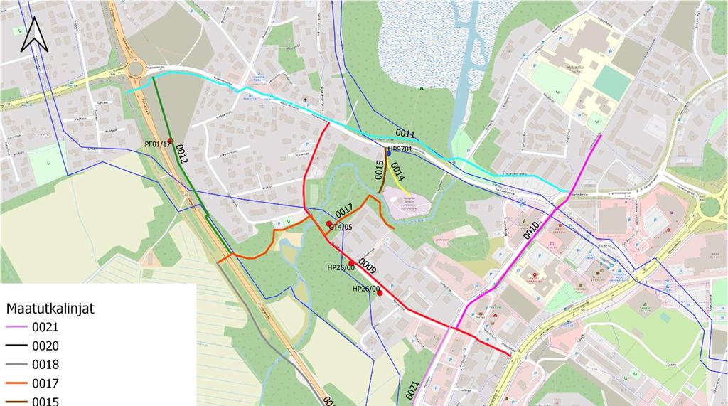 23 Maatutkaluotaus suoritettiin torstaina 25.6.2020 Hyrylän keskustan alueella. Luotauslinjat suunniteltiin etukäteen kallionpinnantietojen ja aikaisempien tutkimusten tietojen pohjalta.