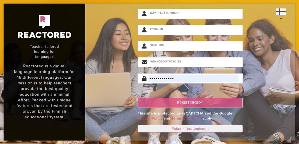 OPETTAJAN REKISTERÖITYMINEN Opettajan tulee ensin rekisteröityä palveluun osoitteessa: https://app.reactored.com ja valitsemalla rekisteröidy.