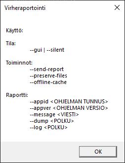 40 Kuva 24. Raportointiohjelman käynnistysparametrit Mikäli ohjelma käynnistetään ilman parametreja, näytetään kuvan 24 mukainen viesti-ikkuna.