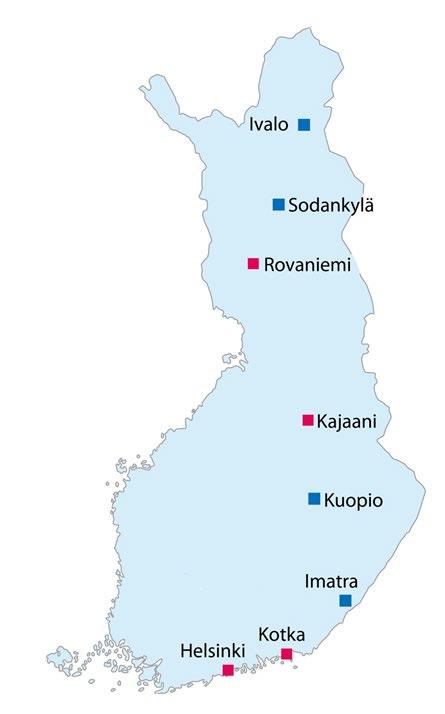 Kuva 4.1. Ulkoilman ja laskeuman sisältämien radioaktiivisten aineiden keräysasemat. STUK ylläpitää asemia ja analysoi niiden näytteet.