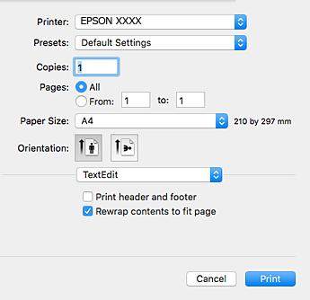 Tulostaminen > Asiakirjojen tulostaminen > Tietokoneelta tulostaminen Mac OS 3. Avaa tulostusikkuna valitsemalla Tiedosto-valikosta Tulosta.